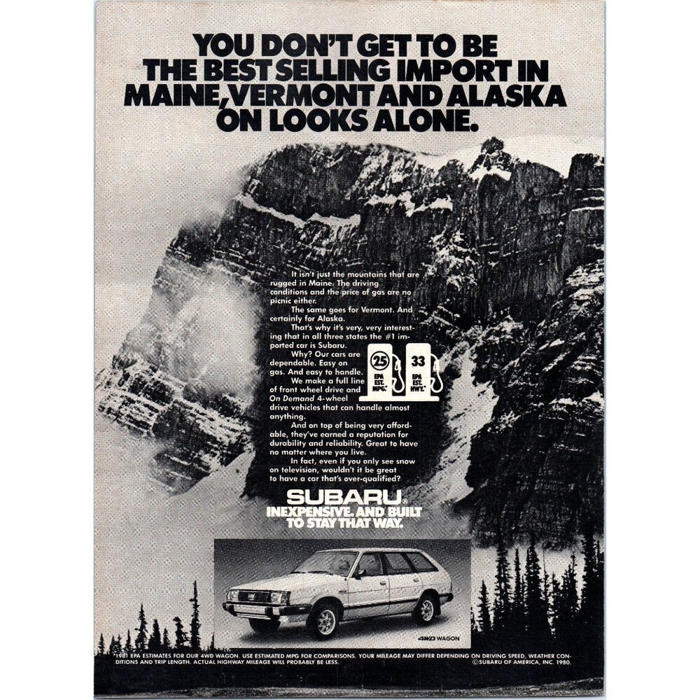 1981 Subaru 4wd Wagon Vintage Print Ad Snow Rocky Mountain Alaska Maine Vermont